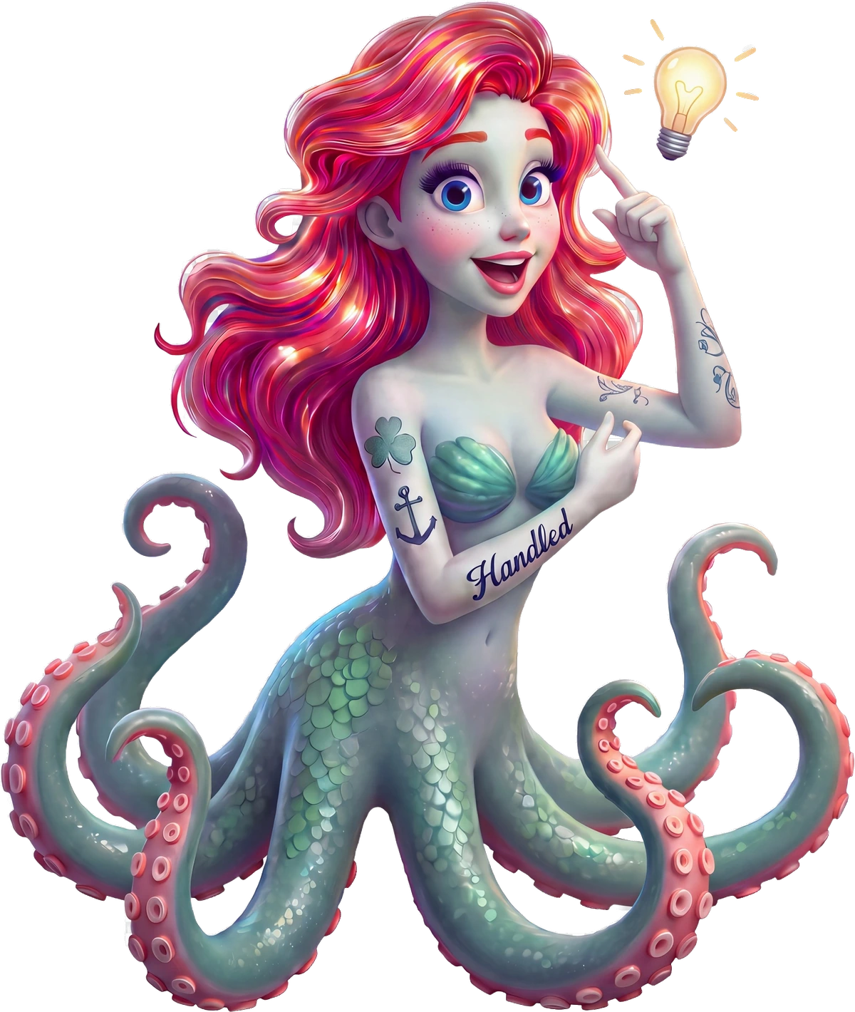 Ella, the Handled octopus mascot, pointing to her head with a lit lightbulb beside her